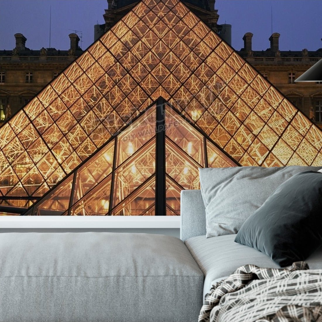 France, Paris, Louvre, Pyramid illuminated wallpaper in a living room - Pickawall
