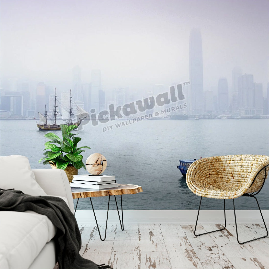 Harbor view, Hong Kong, China wallpaper in a living room - Pickawall