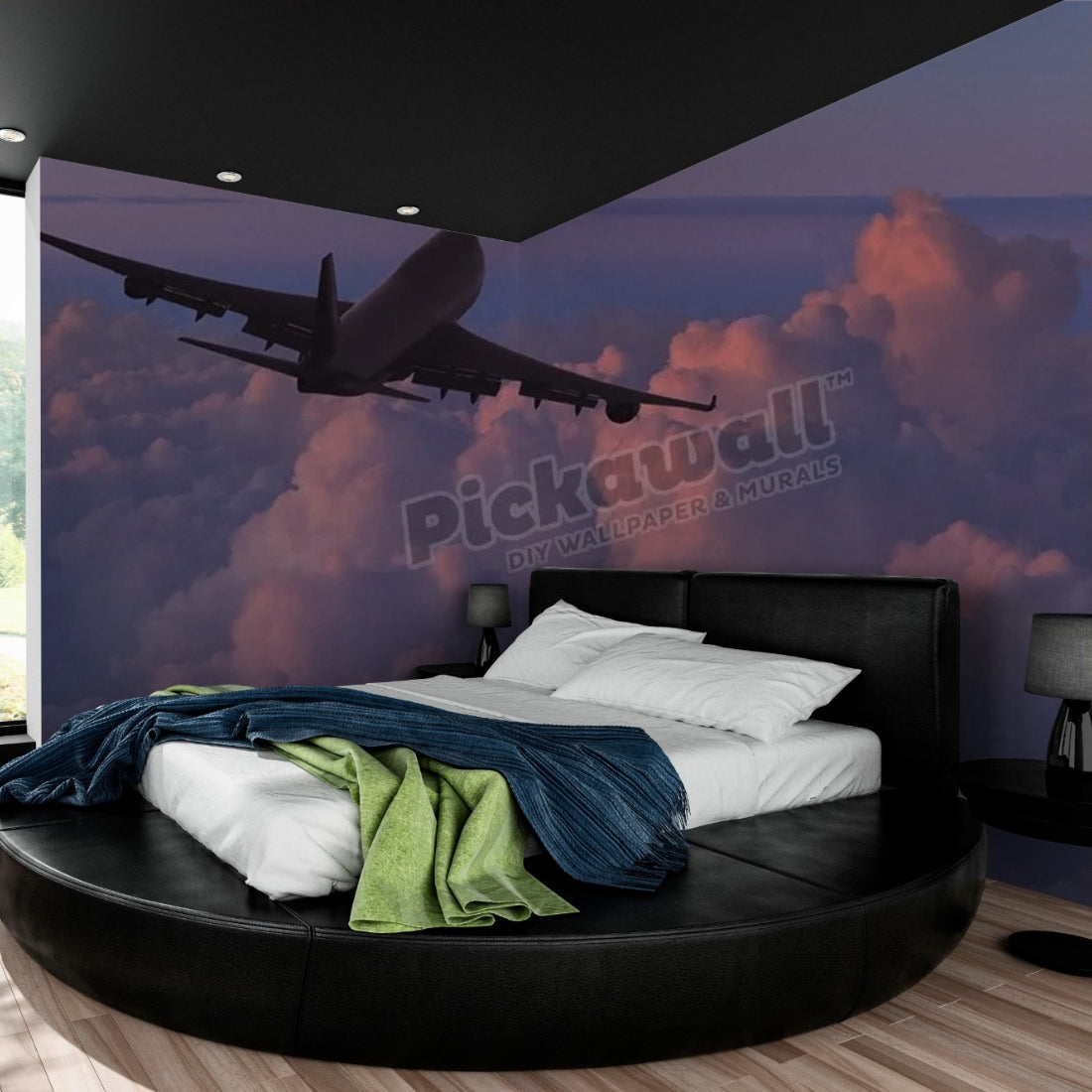 Jet (Boeing 747) Flying over Clouds at Sunset wallpaper in a bedroom - Pickawall