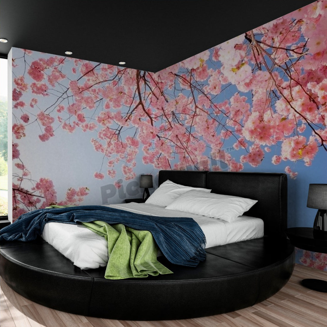 cherry tree in blossom against blue sky wallpaper in a bedroom - Pickawall