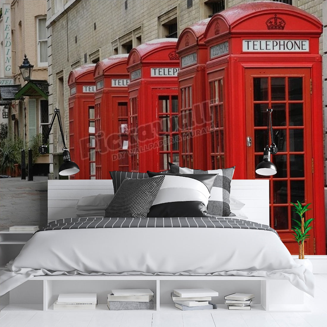 Row of red telephone boxes London wallpaper in a bedroom - Pickawall