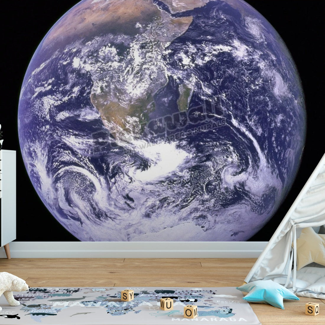 View of the Earth as seen by the Apollo 17 crew traveling toward the Moon. Date: 12/07/1972 wallpaper in a playroom - Pickawall