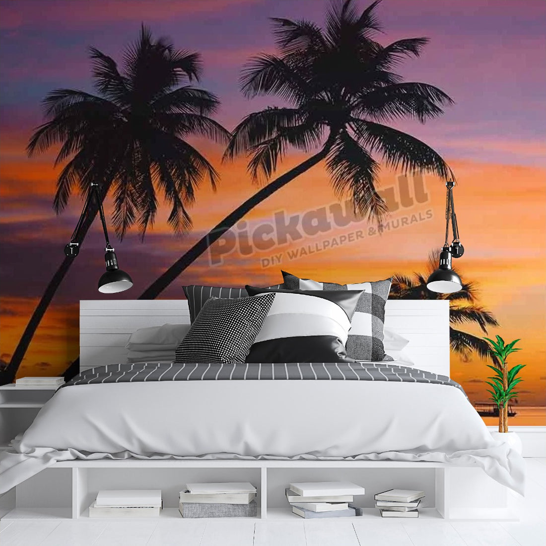 Water - Palm trees, ocean sunset wallpaper in a bedroom - Pickawall