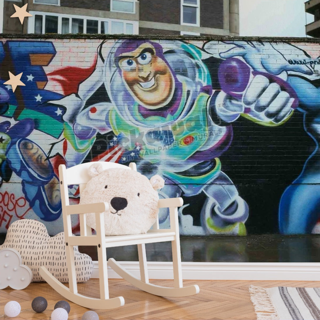 Buzz Lightyear graffiti wallpaper in a nursery - Pickawall