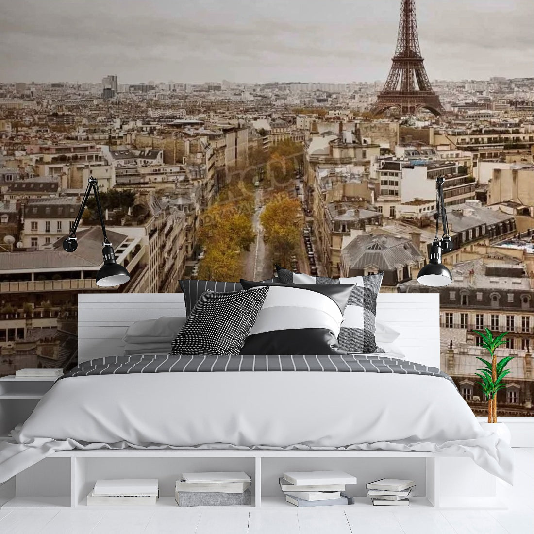 Paris skyline with Eiffel Tower. wallpaper in a bedroom - Pickawall