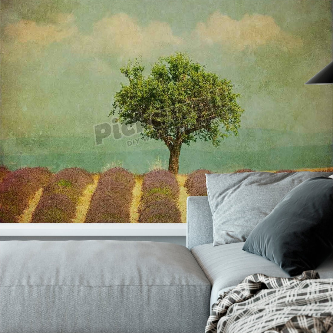 vintage image of a tree in lavender field wallpaper in a living room - Pickawall
