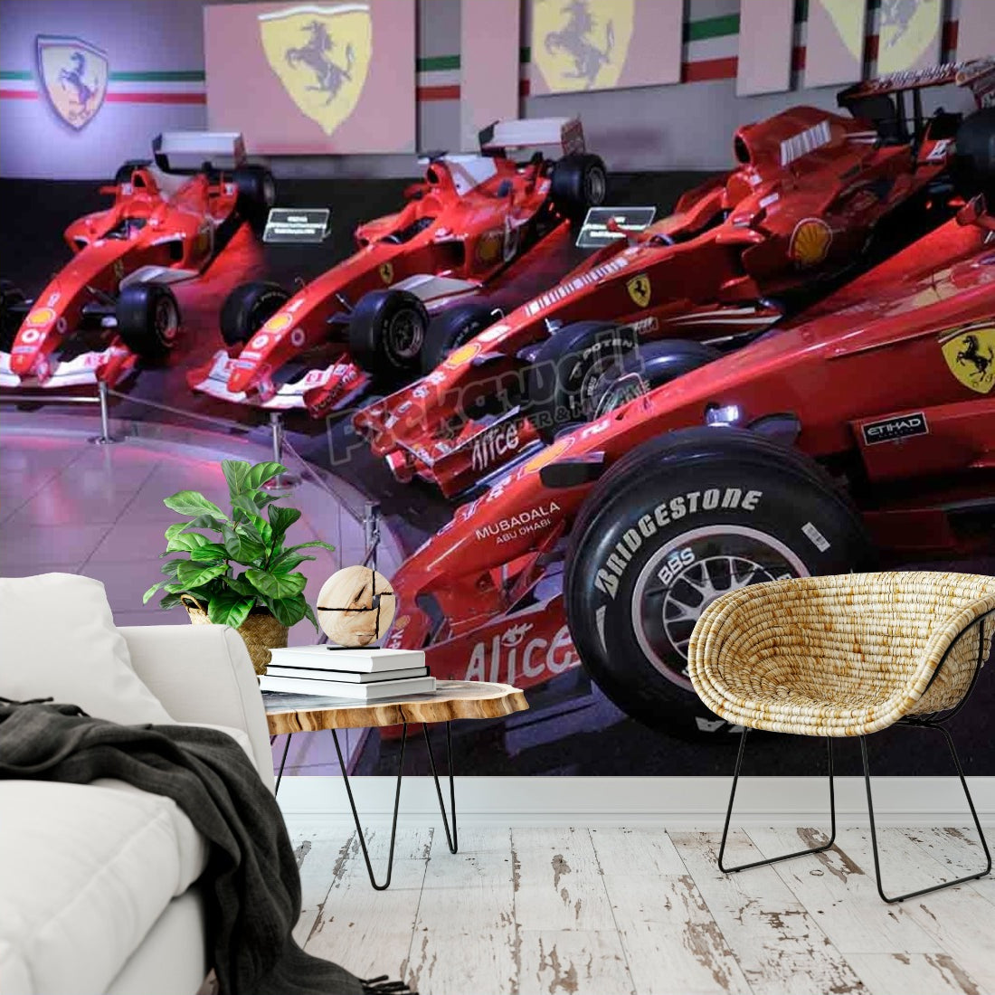 Ferrari F1 display wallpaper in a living room - Pickawall