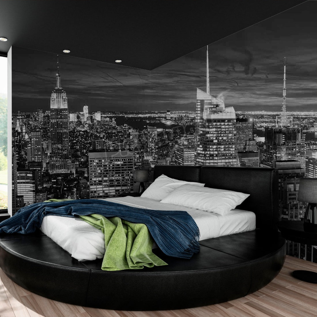 New York City Skyline Aerial View at Night wallpaper in a bedroom - Pickawall