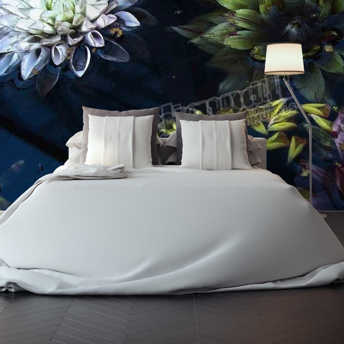 Lotus Flowers Floating in Water wallpaper in a bedroom - Pickawall