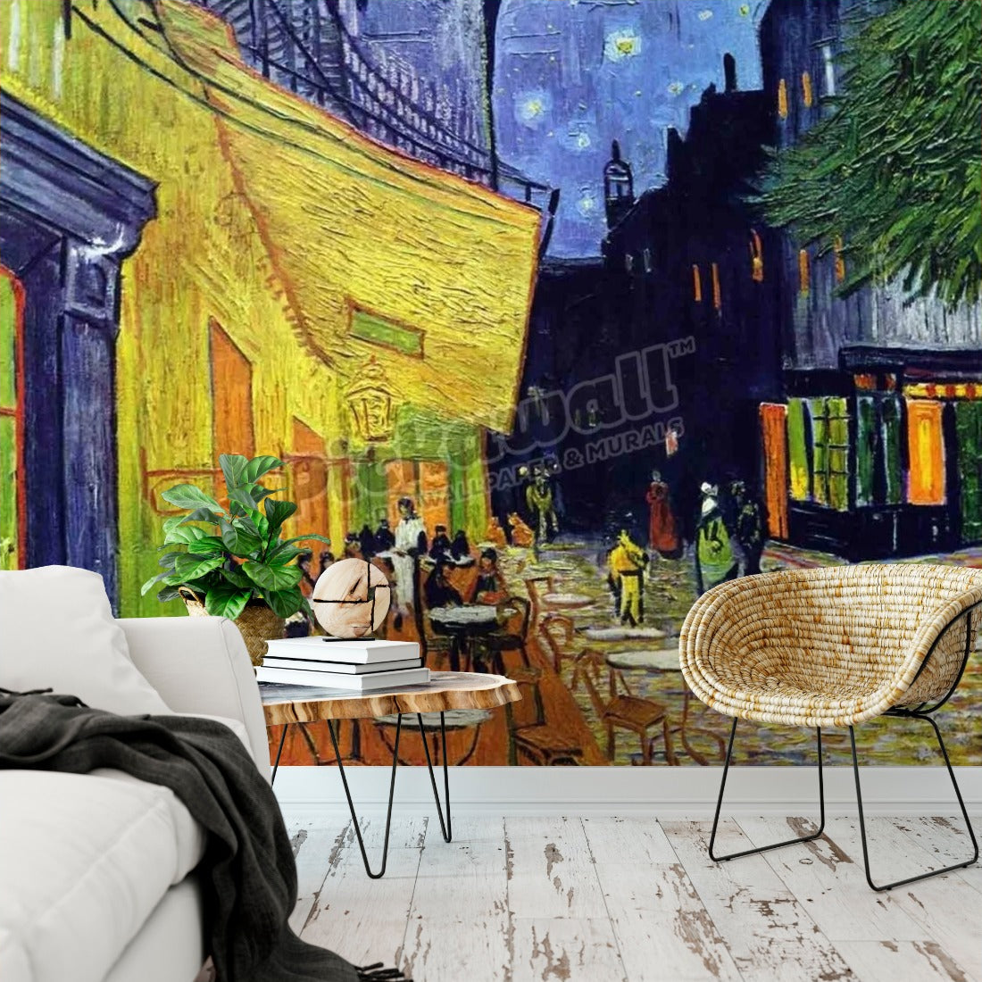 Cafe Terrace at Night Painting Vincent Van Gogh wallpaper in a living room - Pickawall