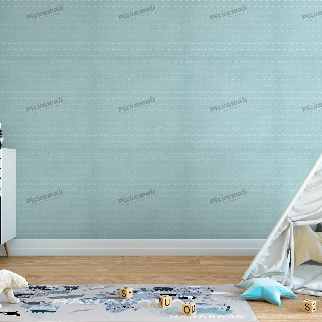 Blue wave pattern wallpaper in a playroom - Pickawall