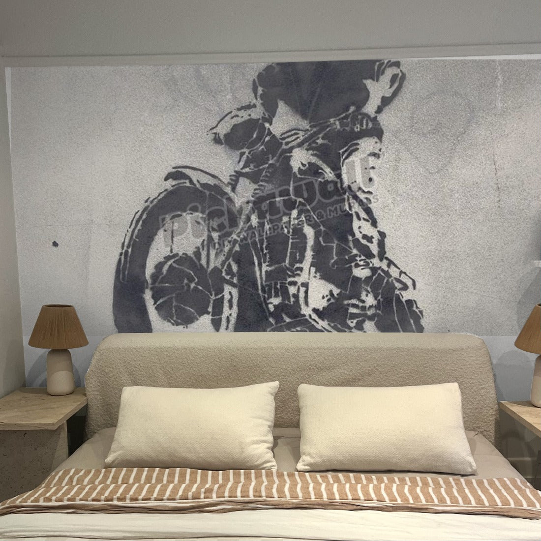 Banksy street art graffiti showing Queen on motorcycle wallpaper in a bedroom - Pickawall