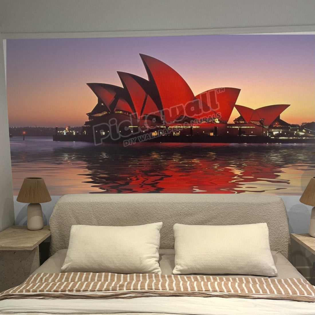 Sydney Opera House at dusk wallpaper in a bedroom - Pickawall