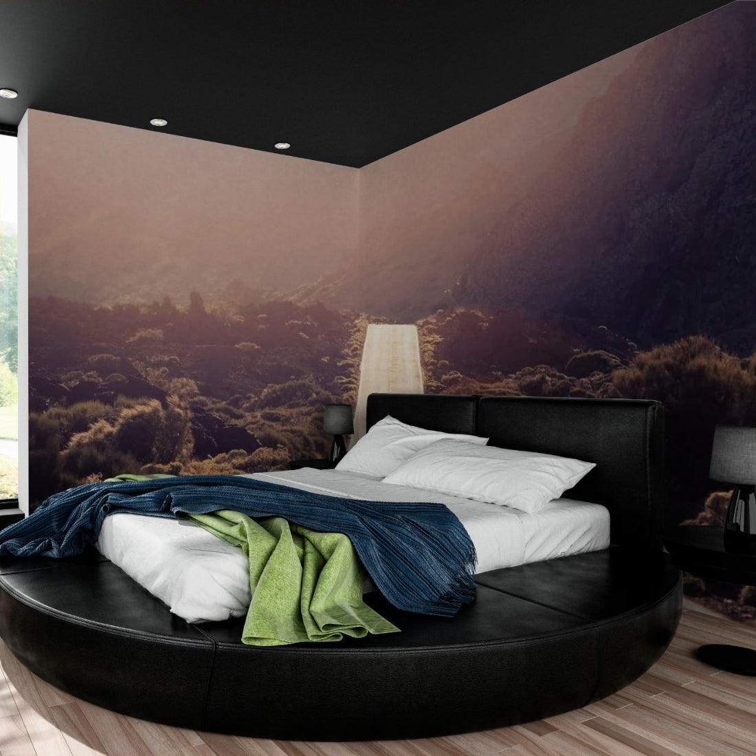 Road leading into mountainous landscape wallpaper in a bedroom - Pickawall