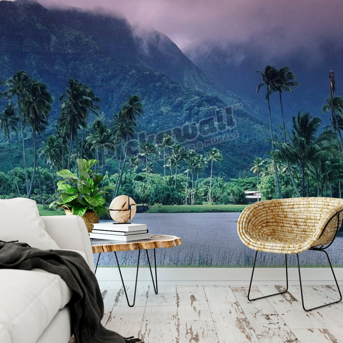 Looking across tropical landscape up to Mt Waialeale from Hanalei, Hawaii wallpaper in a living room - Pickawall