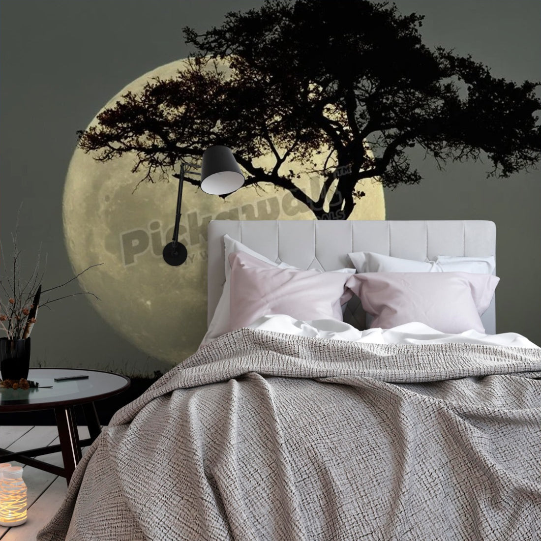 Full moon and tree silhouetted at dusk wallpaper in a bedroom - Pickawall