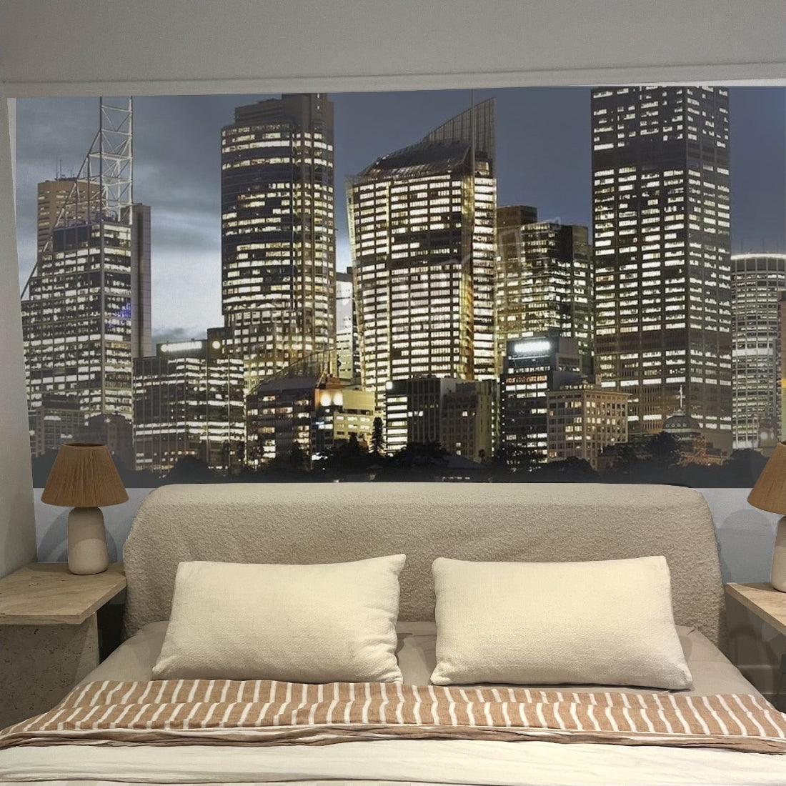 Skyline and Sydney harbour at dusk wallpaper in a bedroom - Pickawall
