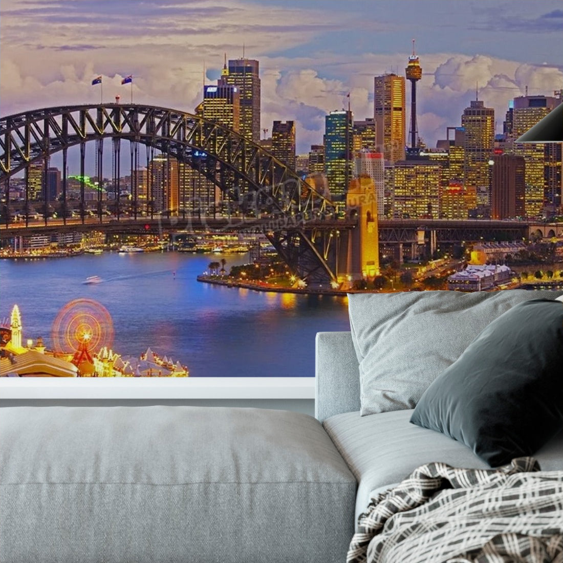 Sydney Harbour Bridge and Sydney skyline wallpaper in a living room - Pickawall