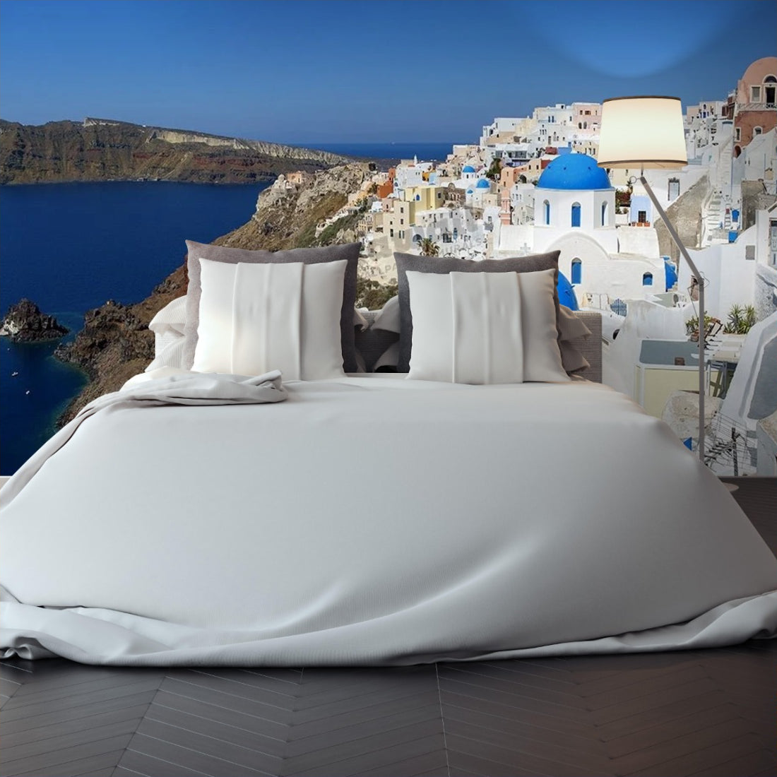 Blue domed churches, Oia, Santorini, Greece wallpaper in a bedroom - Pickawall
