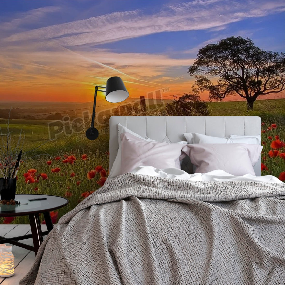 Sunrise over a field of poppys wallpaper in a bedroom - Pickawall