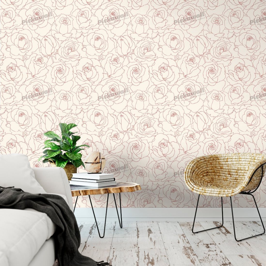 Pink roses pattern wallpaper in a living room - Pickawall
