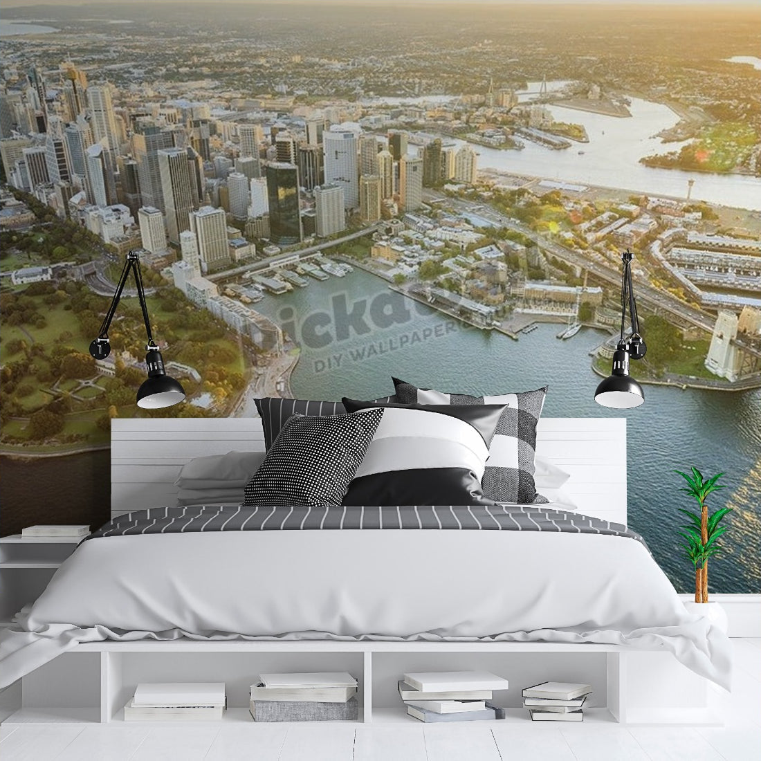 Aerial view of Sydney cityscape wallpaper in a bedroom - Pickawall