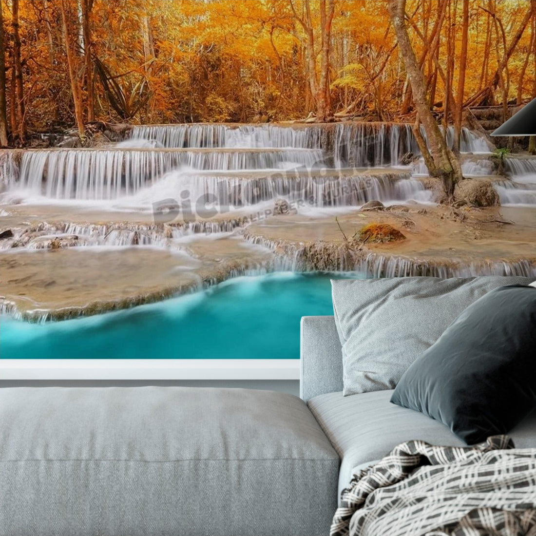 Deep forest Waterfall in Kanchanaburi wallpaper in a living room - Pickawall