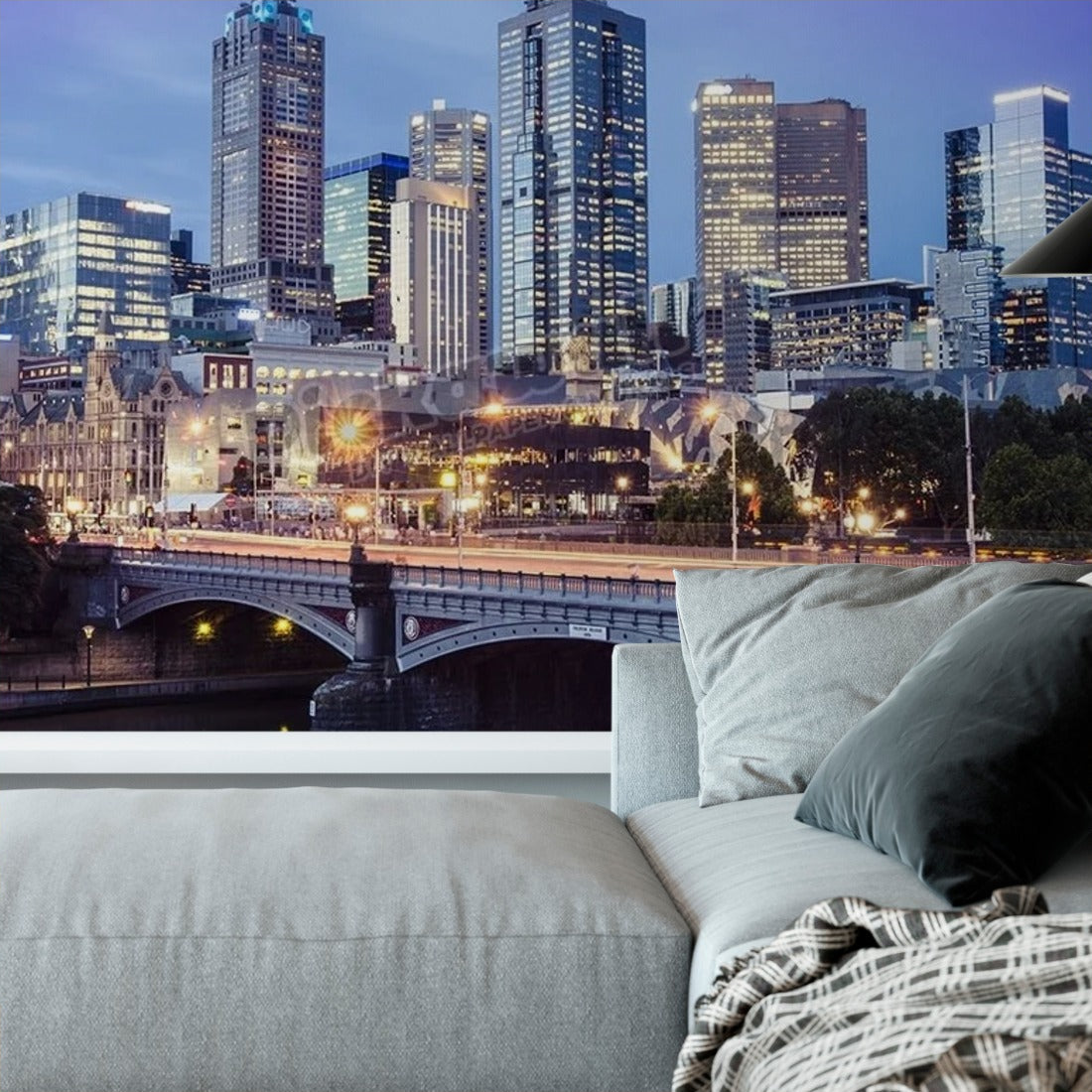 Melbourne Skyline Twilight wallpaper in a living room - Pickawall