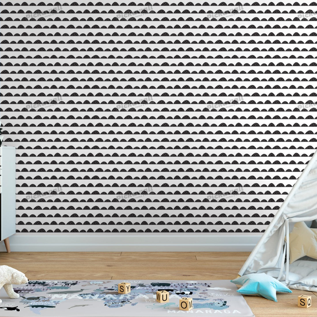 Scandinavian black and white pattern in hand drawn style wallpaper in a playroom - Pickawall