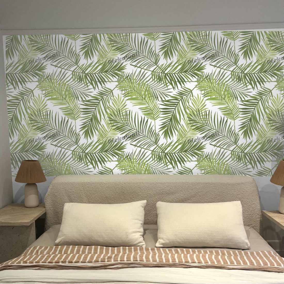 Tropical Palm Leaves Background wallpaper in a bedroom - Pickawall