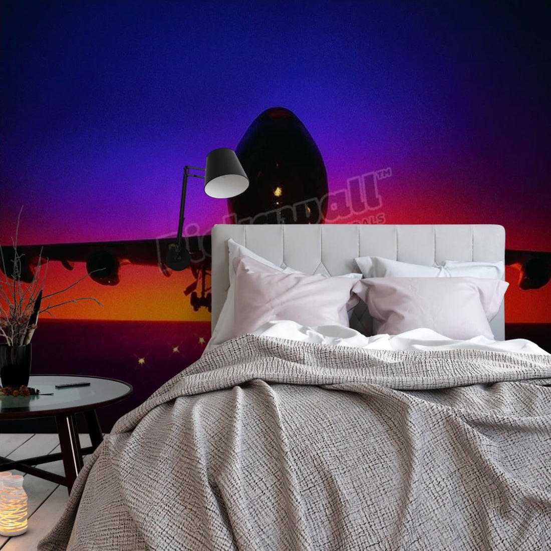 Plane lifting off from runway at dusk wallpaper in a bedroom - Pickawall