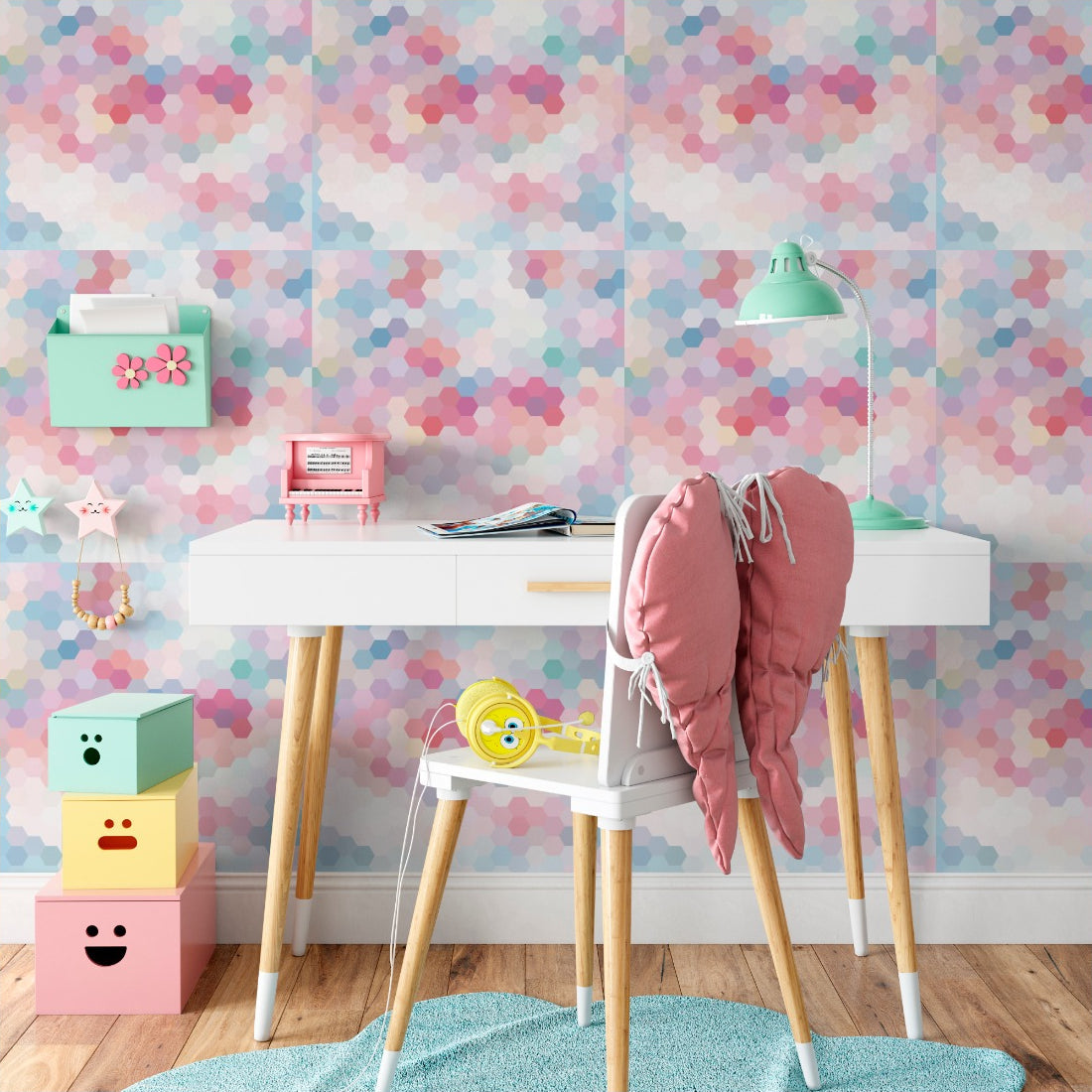 Pastel Hexagon wallpaper in a kids study nook - Pickawall