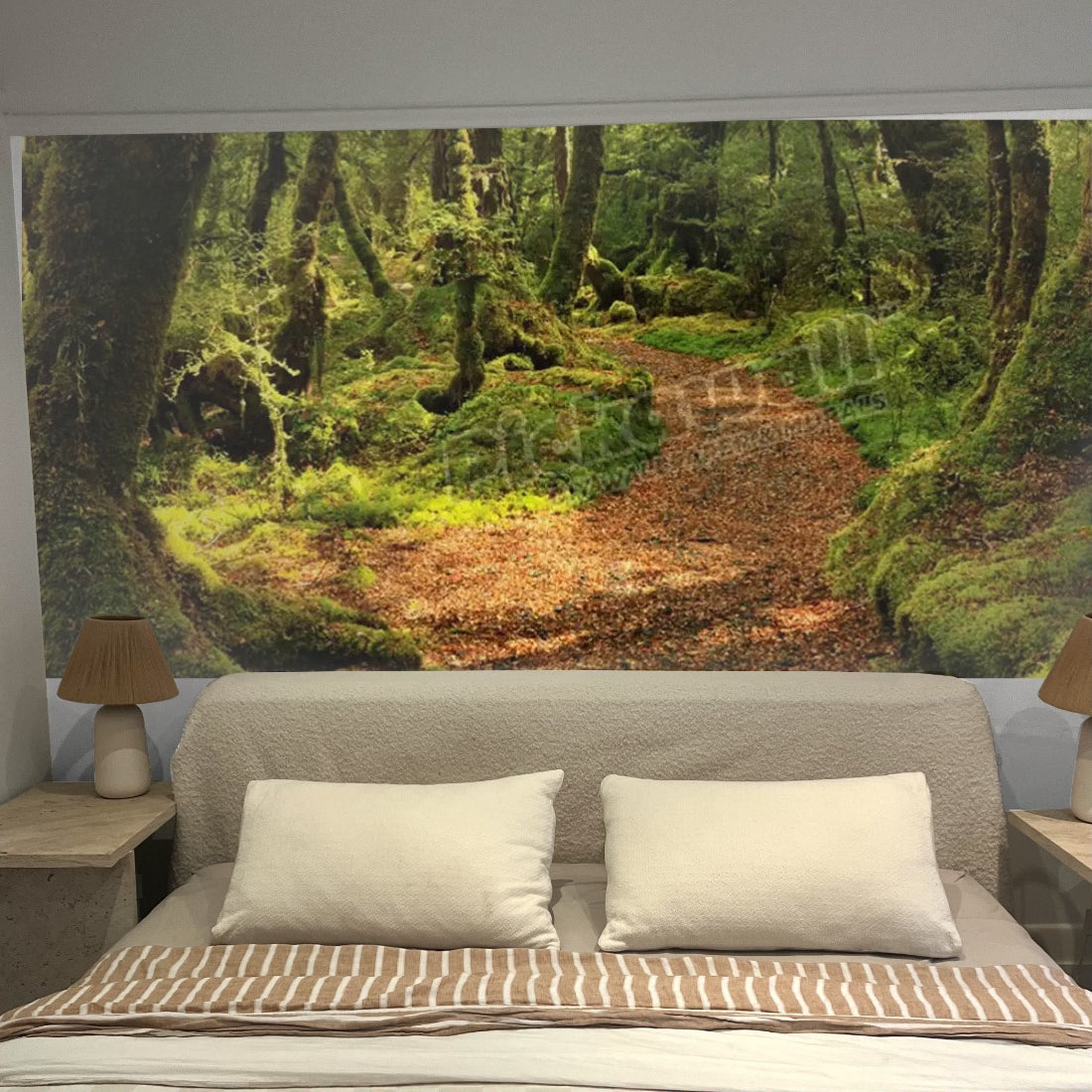 Forest Path Green wallpaper in a bedroom - Pickawall