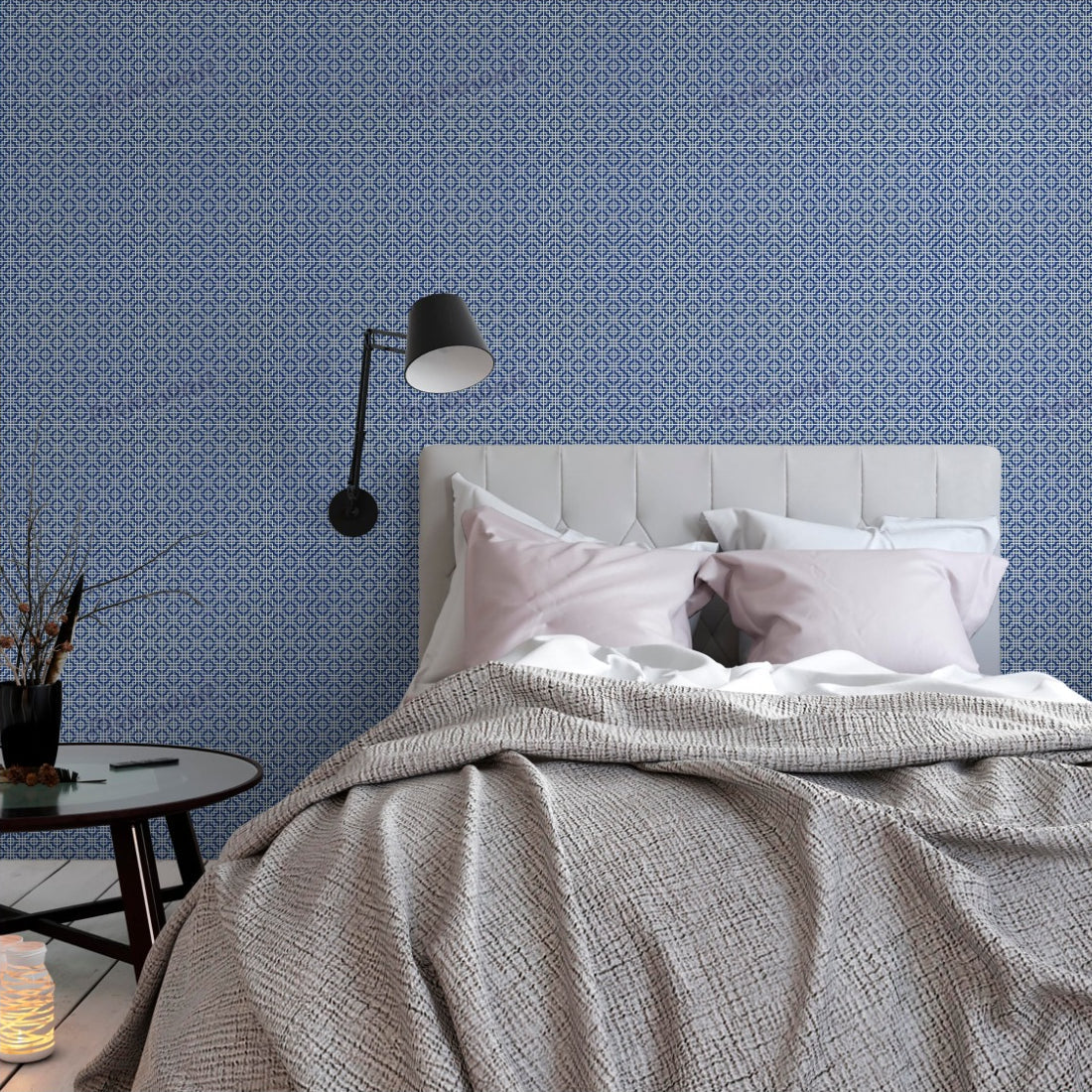 Geometric Blue Squares wallpaper in a bedroom - Pickawall