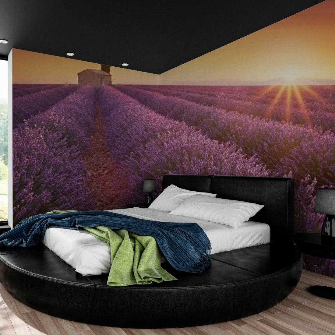 Sunset in the Lavender Fields wallpaper in a bedroom - Pickawall
