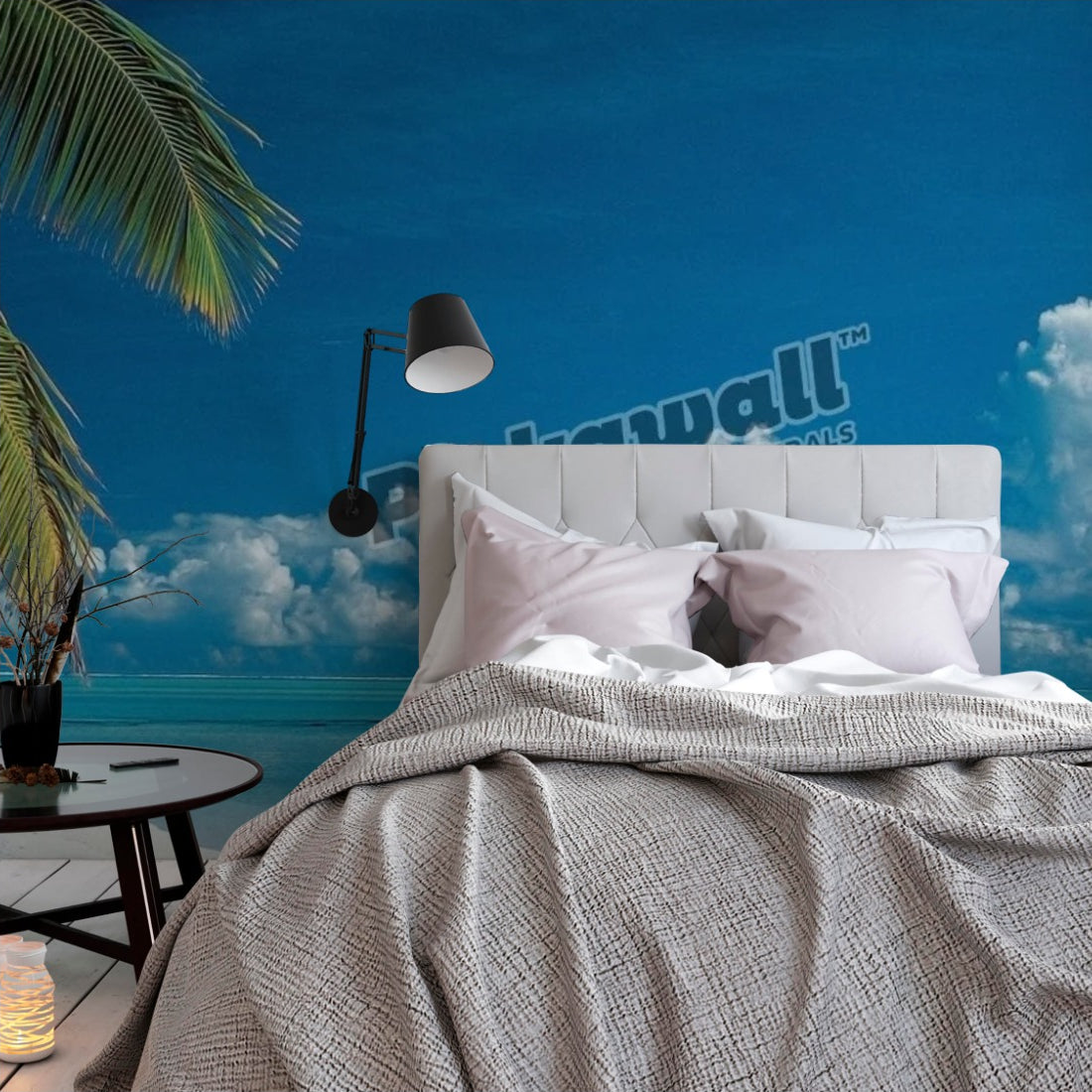 View of ocean and tropical beach. Cook islands. Aitutaki wallpaper in a bedroom - Pickawall