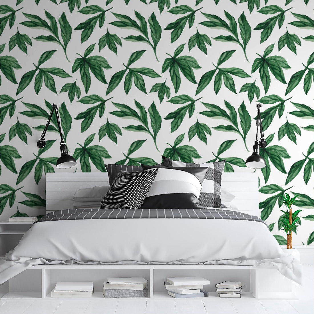 Watercolour Summer Leaves wallpaper in a bedroom - Pickawall