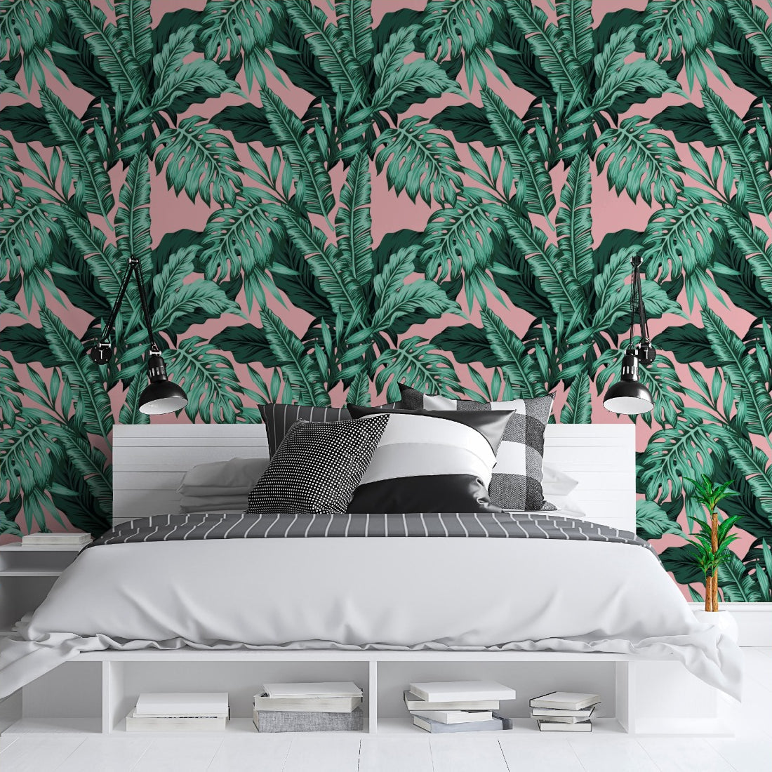 Tropical leaves with pink background wallpaper in a bedroom - Pickawall