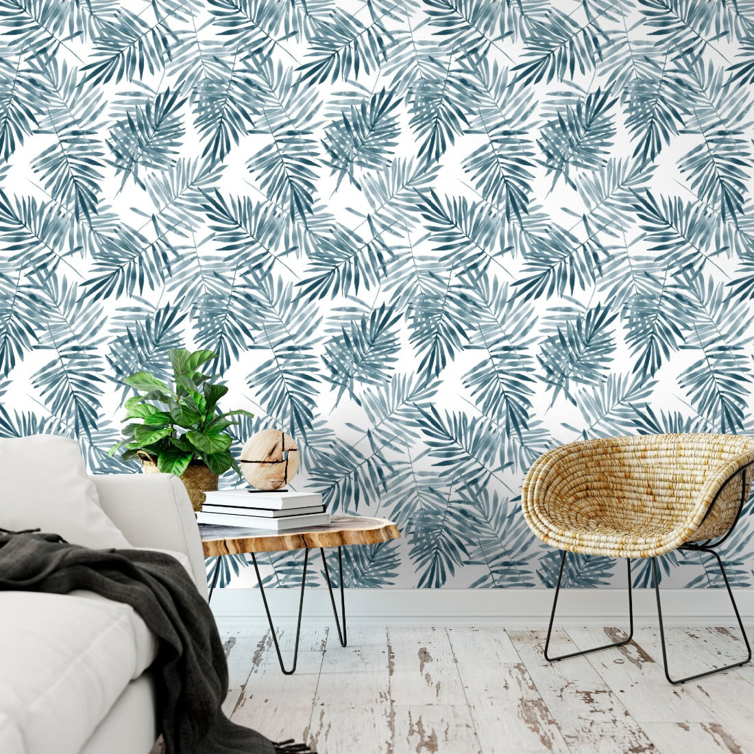 watercolour palm leaves wallpaper in a living room - Pickawall