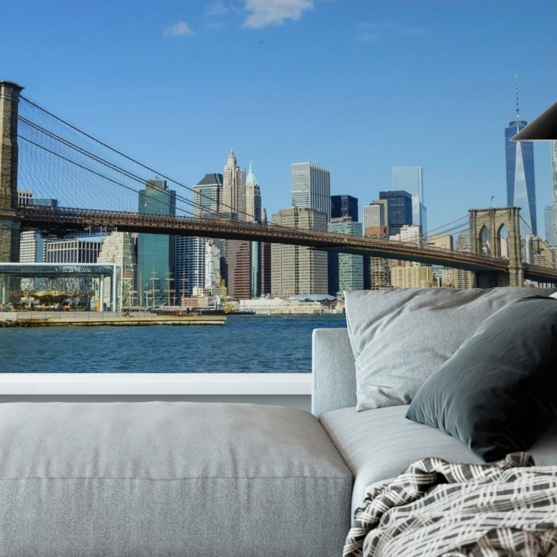 Brooklyn Bridge and Lower Manhattan skyscrapers wallpaper in a living room - Pickawall