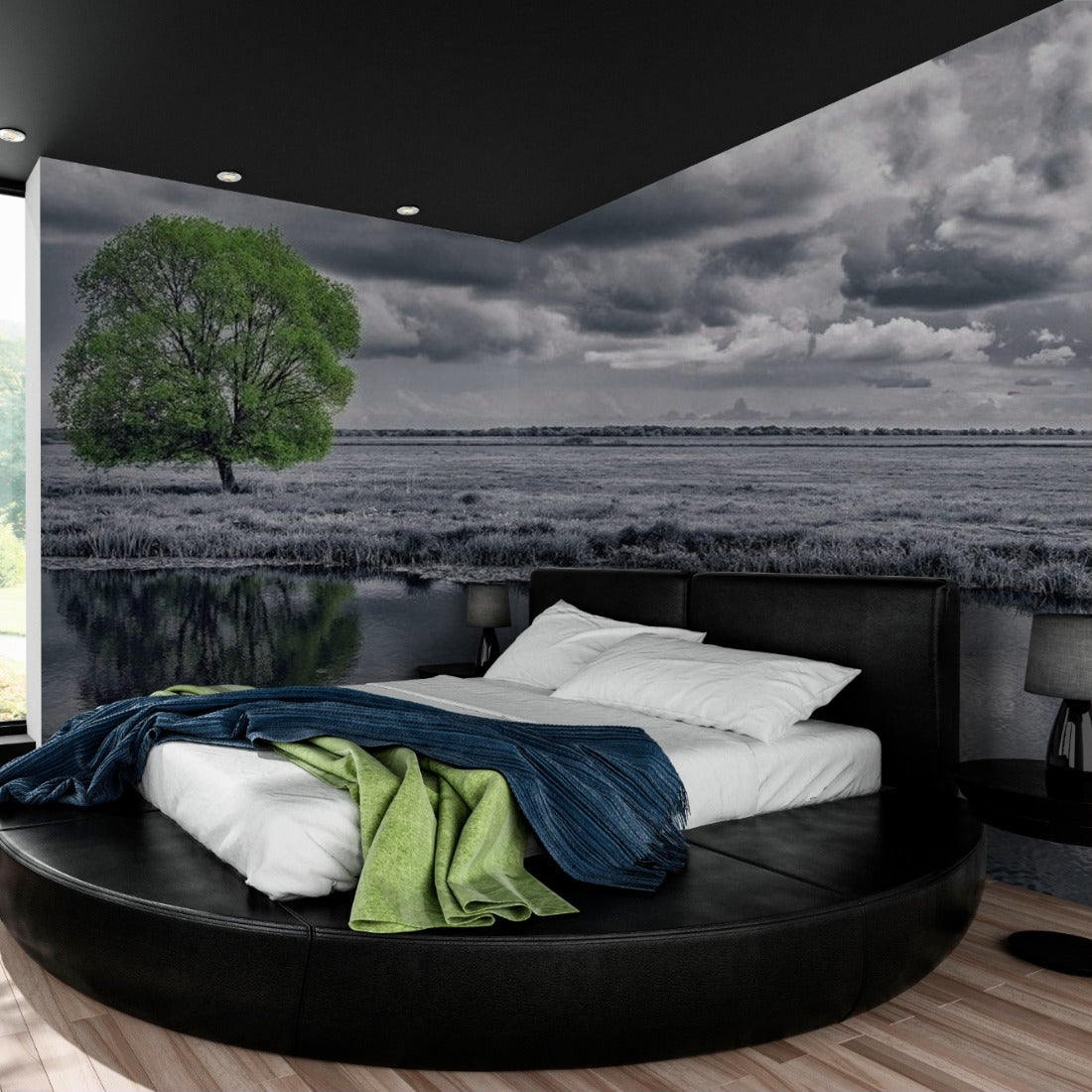 Black and white landscape and green tree wallpaper in a bedroom - Pickawall