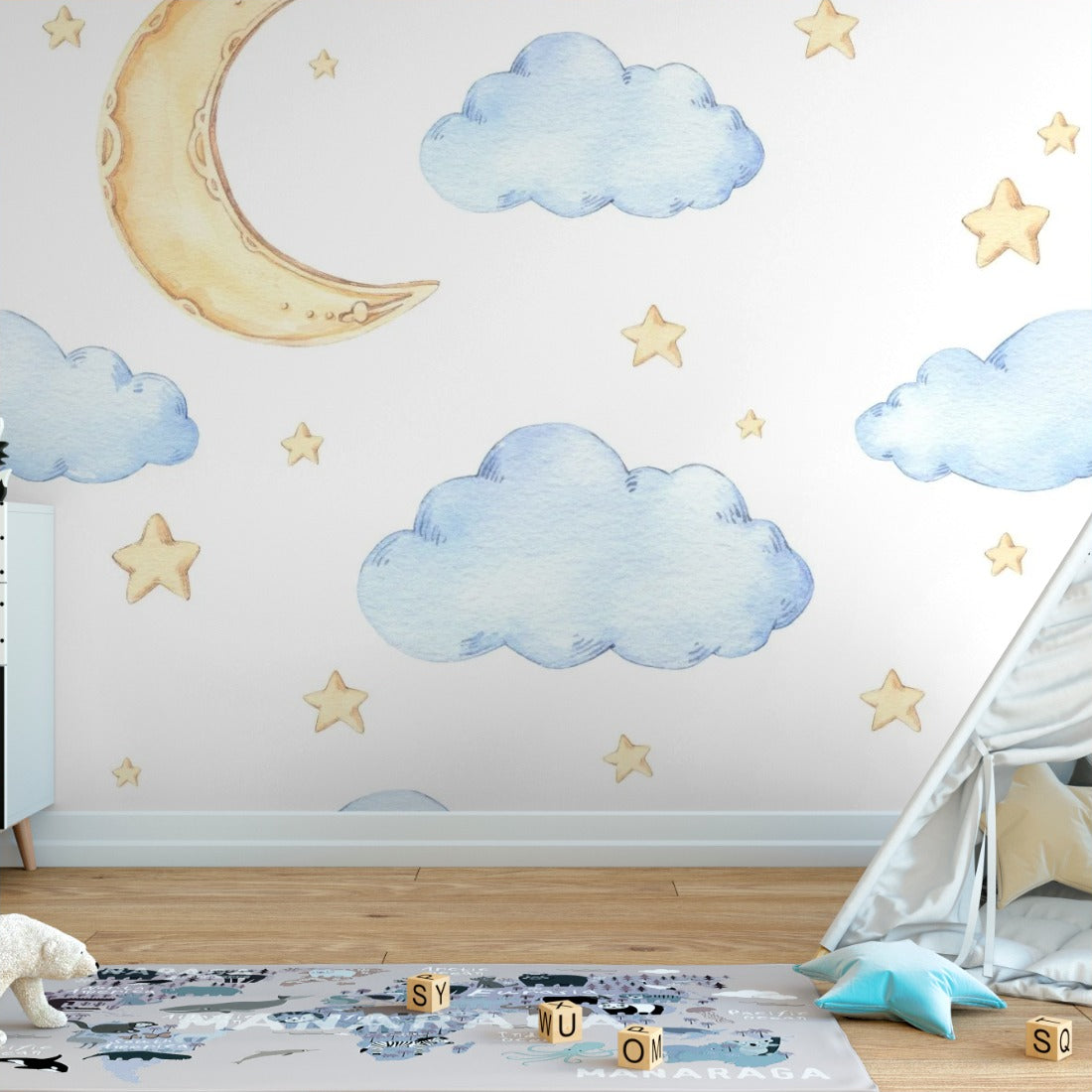 Watercolour Moon and Stars wallpaper in a playroom - Pickawall
