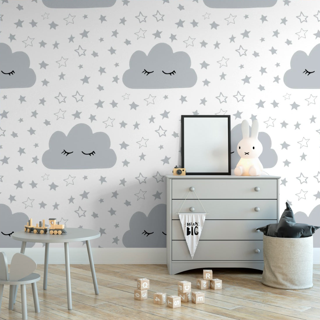 Sleeping Clouds wallpaper in a nursery - Pickawall