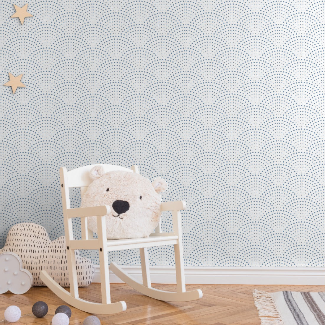 Blue dots in fish scale layout - House Rules wallpaper in a nursery - Pickawall
