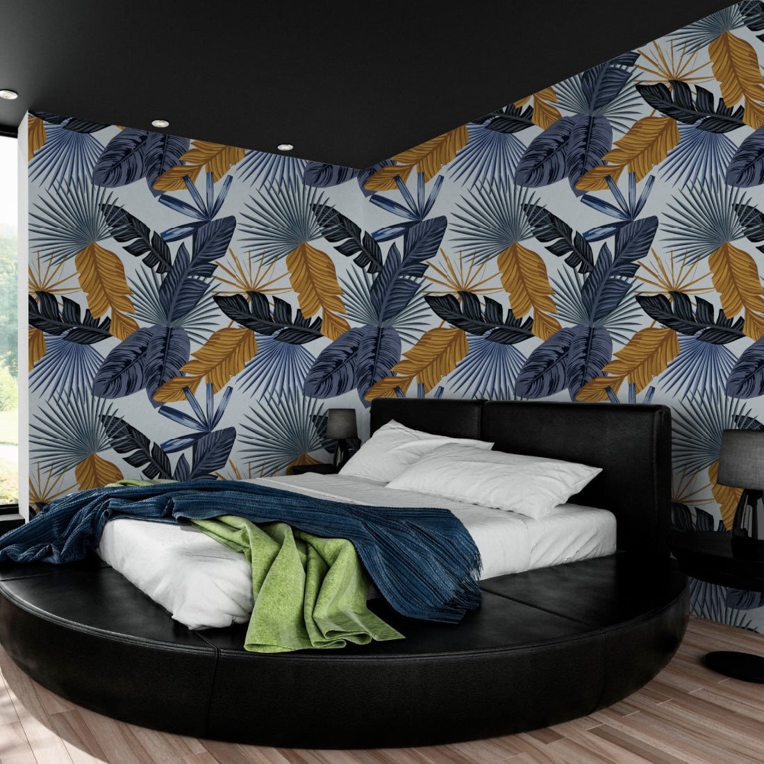 Blue Gold Palm Leaves wallpaper in a bedroom - Pickawall