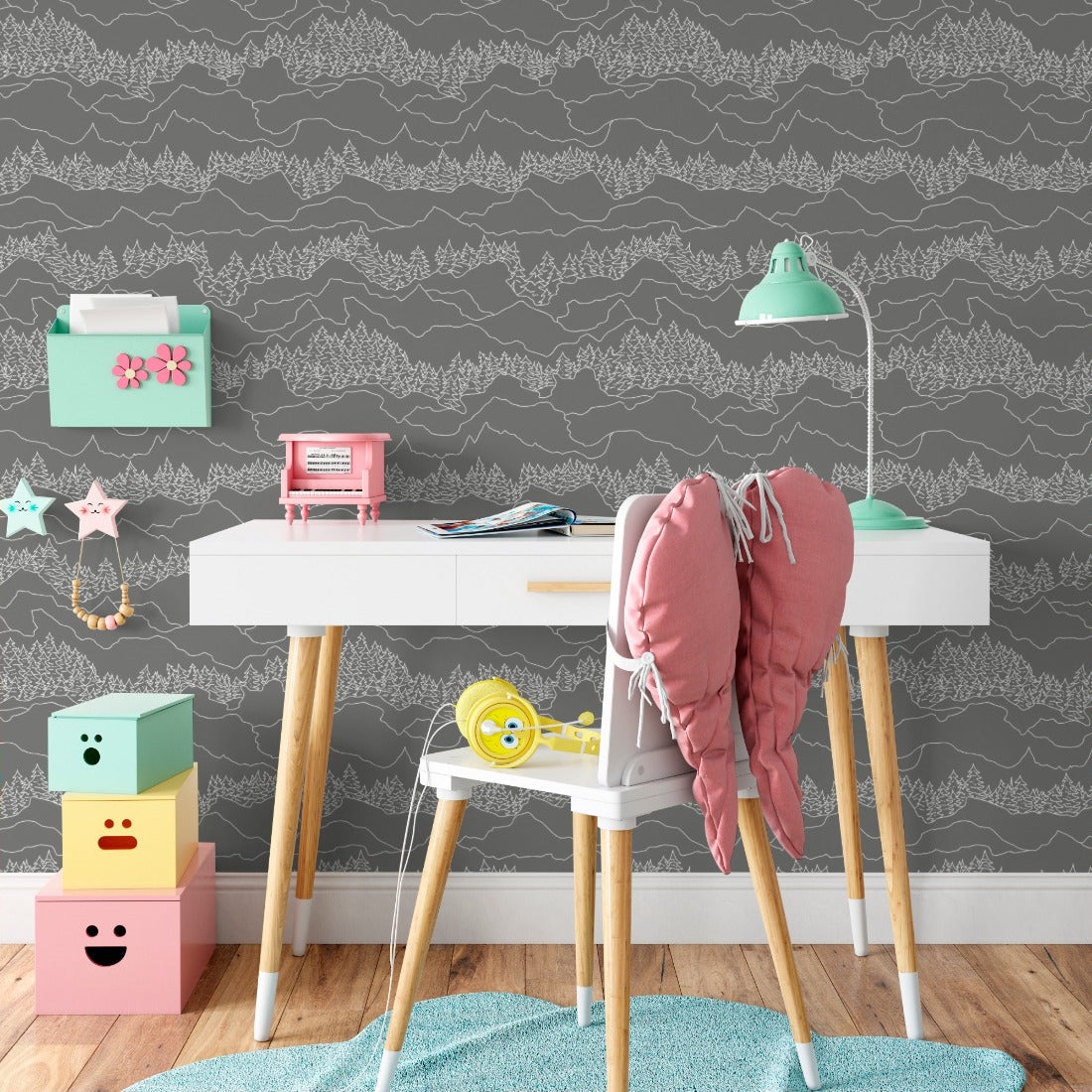 Grey Mountains and Trees wallpaper in a kids study nook - Pickawall