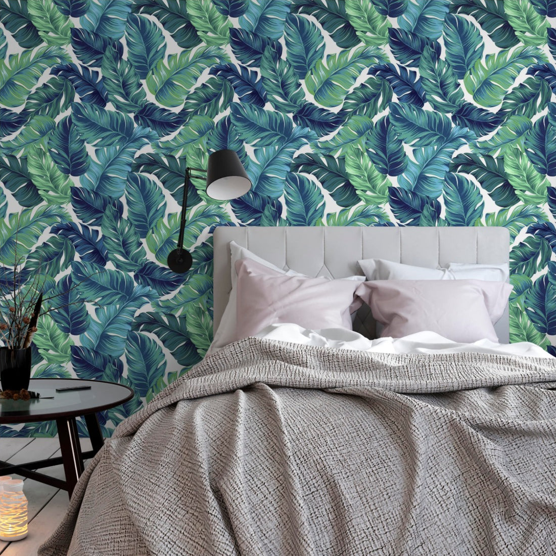 Turquoise Green Leaves Pattern wallpaper in a bedroom - Pickawall