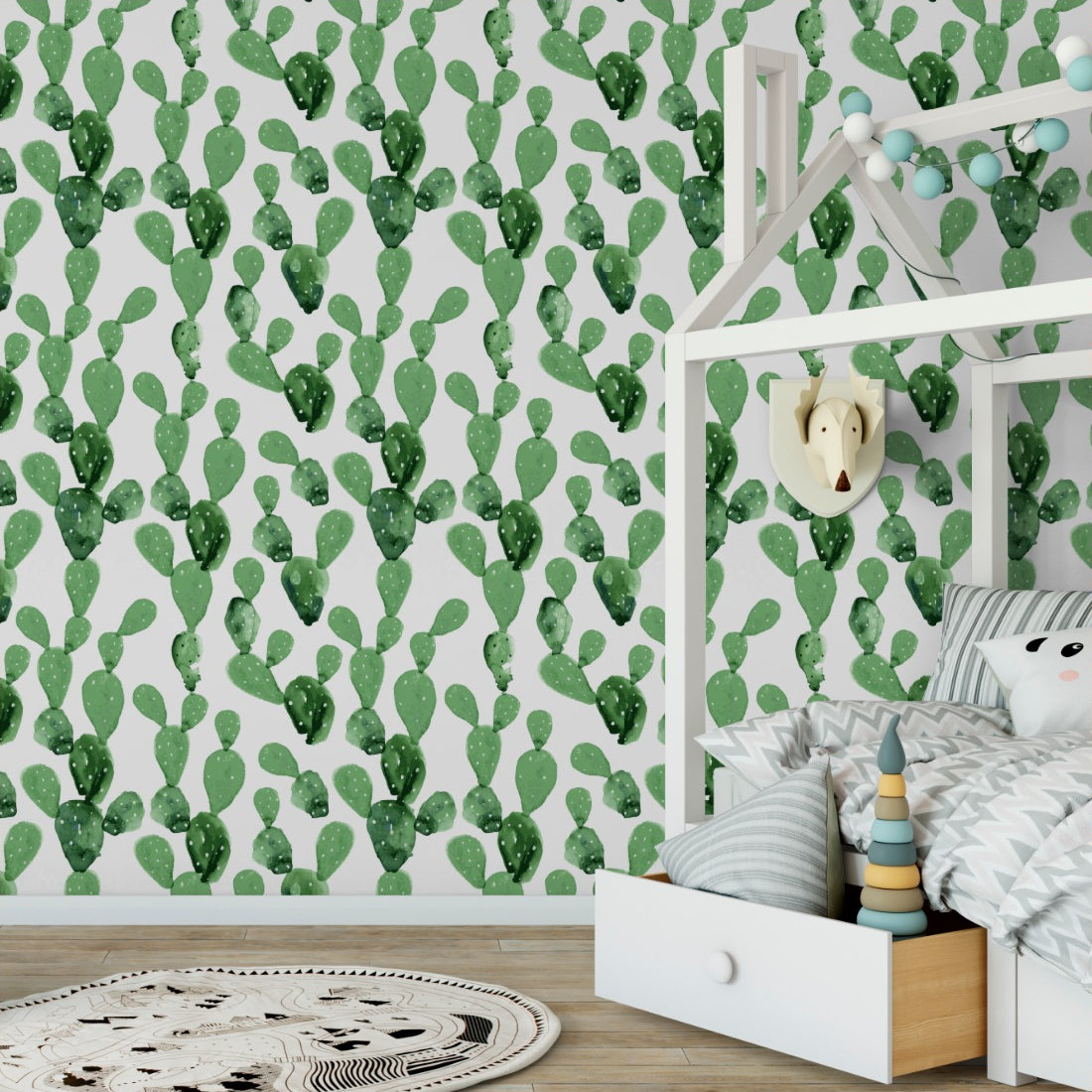 watercolour cactus pattern wallpaper in a kids bedroom - Pickawall