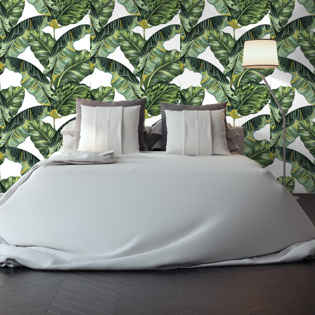 Tropical jungle palm leaves pattern wallpaper in a bedroom - Pickawall