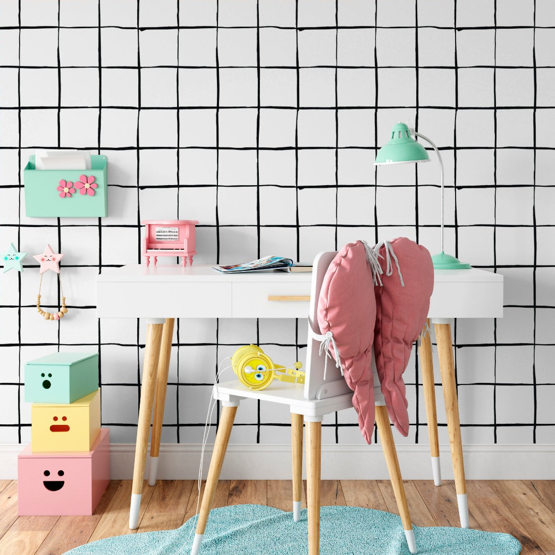 Black and White hand drawn grid wallpaper in a kids study nook - Pickawall